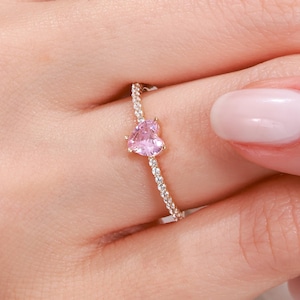 Solid Gold Ring: Dainty Pink Heart Zircon, Romantic Jewelry