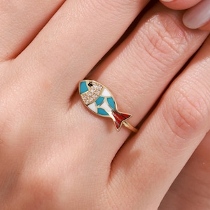 Gold Fish Ring for Women - 10K 14K 18K Real Gold | Unique Gift for Her | Christmas Jewelry | Elegant Nautical Design