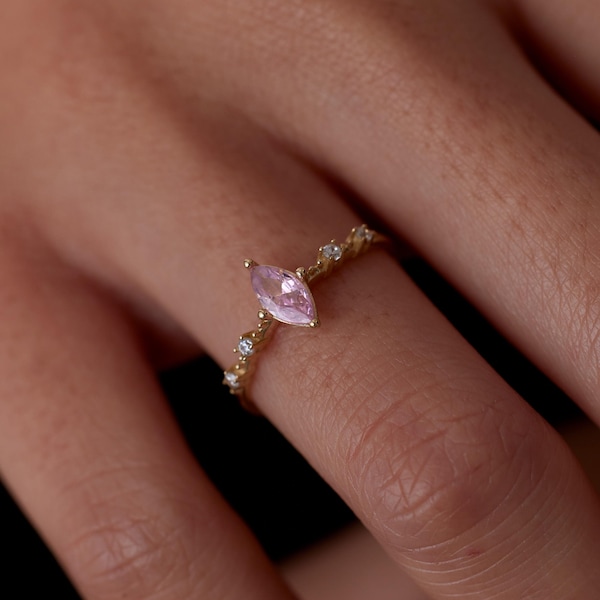Solid Gold Pink Marquise Ring: Dainty Real Gold Jewelry