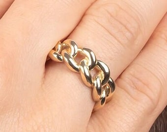Real Gold Cuban Link Ring: Dainty Chain Band, Adjustable Jewelry