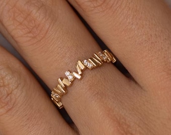 Solid Gold Zick-Zack Ring: Minimalistisches Geometrisches Band, Stapel Schmuck