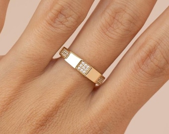 Solid Gold Square Zircon Ring: Geometric Handmade Jewelry