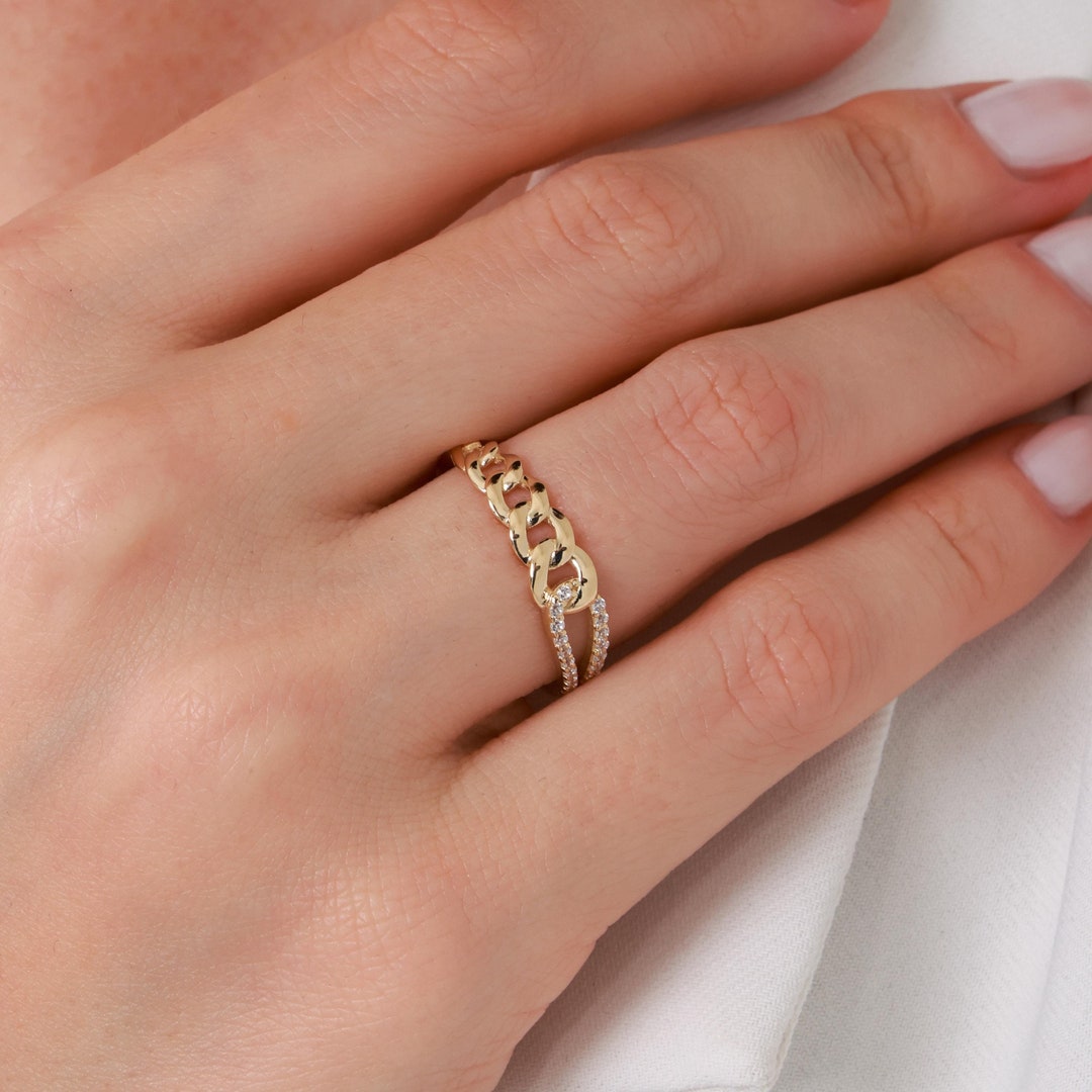 Real Gold Chain-link Ring With Zircon Stones - Valentine's Gift - Etsy