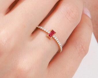 Real Gold Ruby Baguette Ring: Minimalist Zircon Stacking Ring