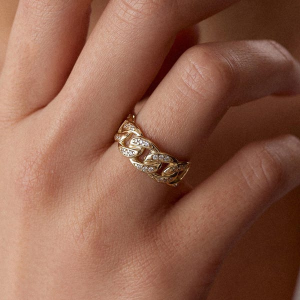 Solid Gold Cuban Link Ring: Zircon Stone Chain Ring