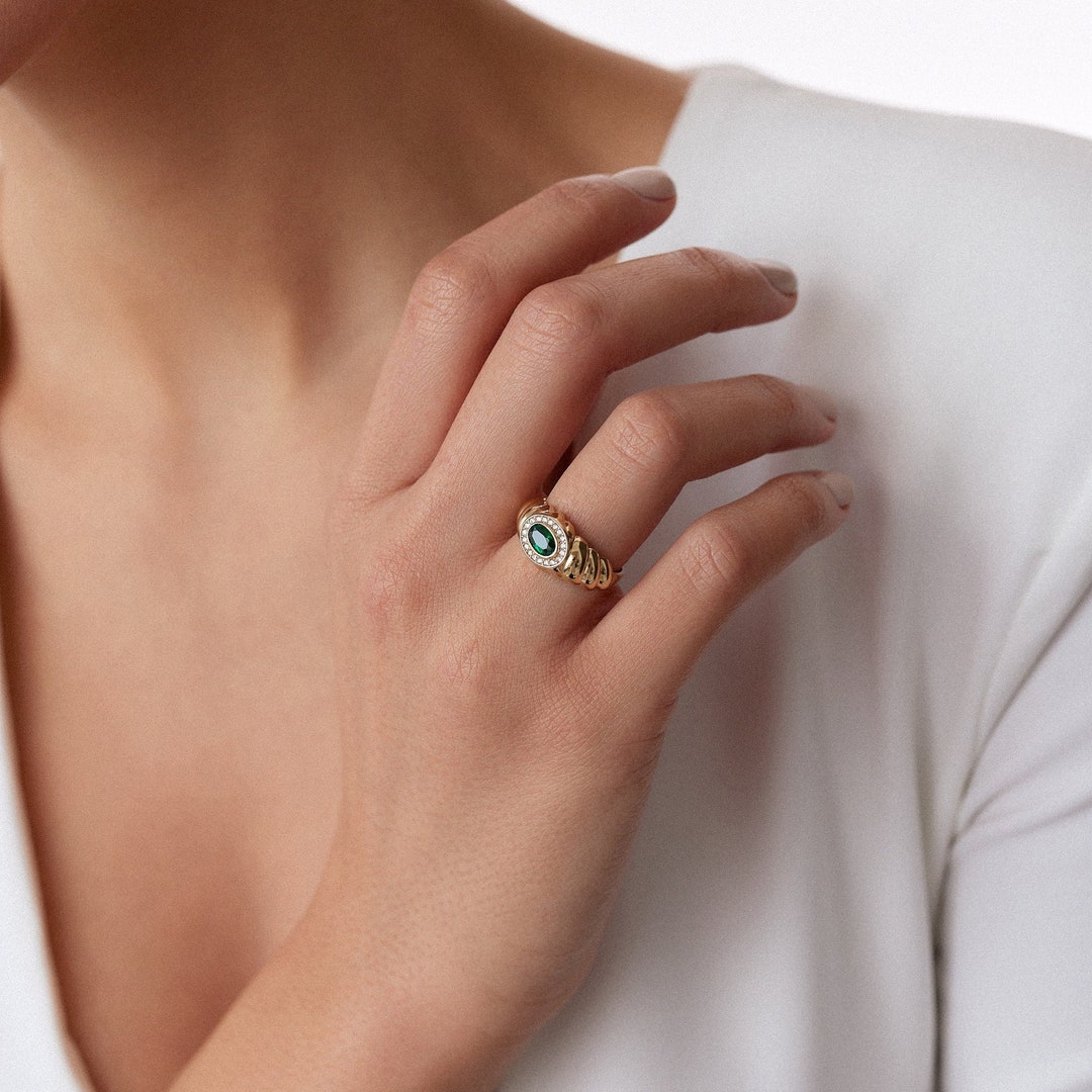 Twisted Patterned Emerald Stone Gold Ring, Emerald Stone Ring, Solid ...