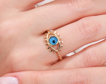 Real Gold Evil Eye Ring: Handmade 10K/14K/18K Lucky Jewelry