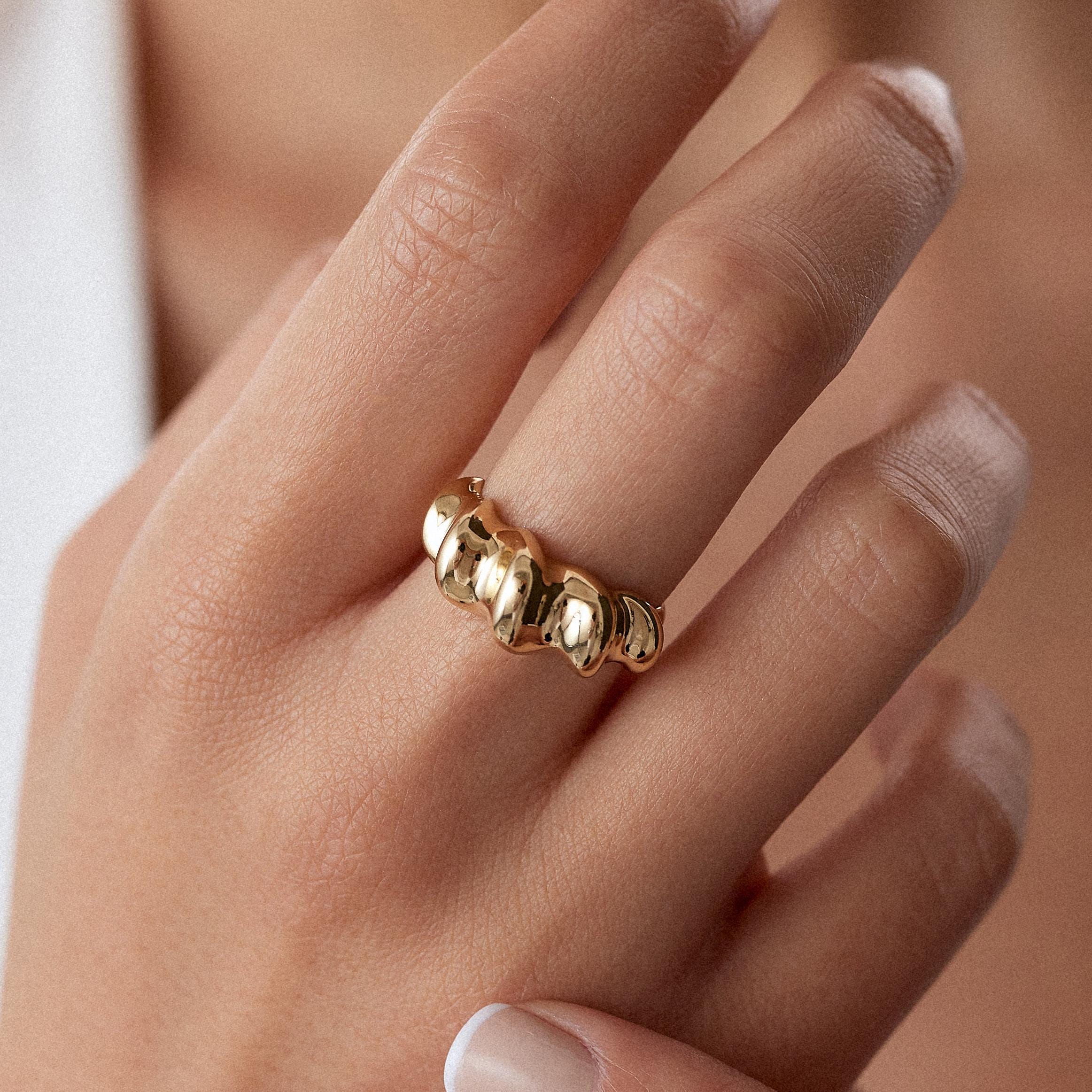 Solid Gold Chunky Dome Ring, Real Gold Elegant Statement Band for Women,
