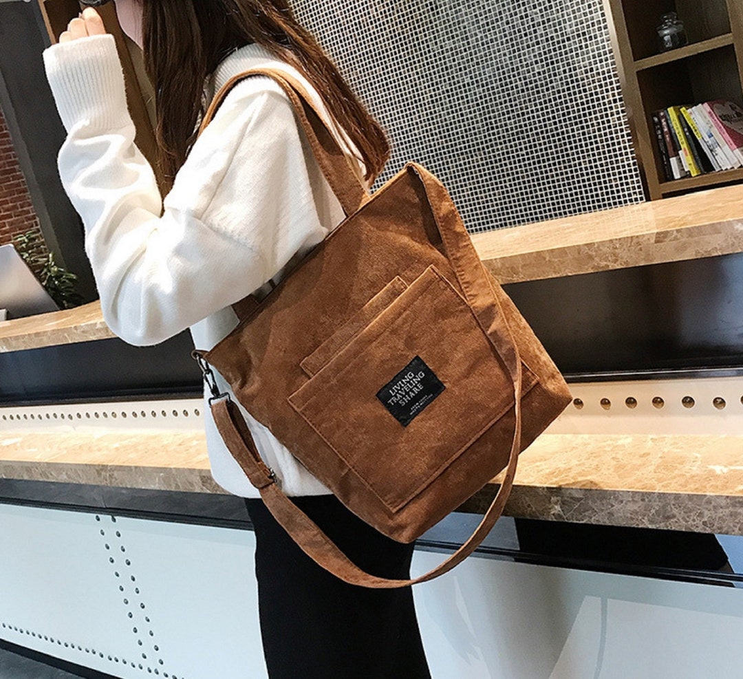 Female Corduroy Shoulder Bags, Fabric Handbags, Casual Zip Tote Canvas