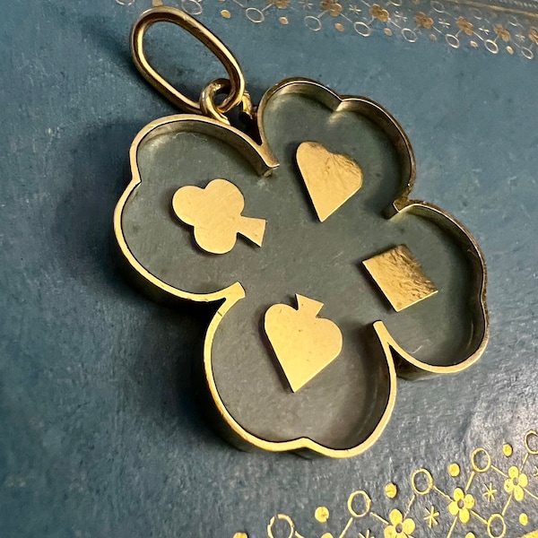 Trèfle Lucky Clover Pendant/ Clover Four-leaf Pendant/ Glass Locket/ 18 k Gold/ Lucky Charm/ Talisman/ Gift for Her/ Gift for Him/ Vintage