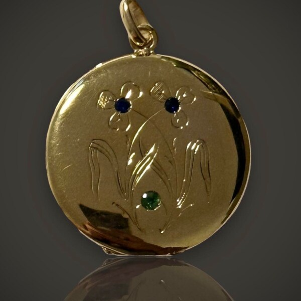 Art Nouveau Photo Locket/ 18k Gold/ Iris Flower/ Flowers/ Floral/  Emerald/ Sapphire/ Gift for Him/ Gift for Her/ Love Gift