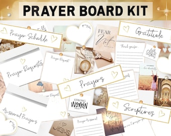 May include: A printable prayer board kit with gold glitter accents. The kit includes cards with phrases like "Prayer Schedule", "Prayer Requests", "Answered Prayers", "Gratitude", "Scriptures", "Prayers", and "Fear Not".