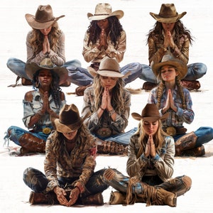 May include: Seven women wearing cowboy hats and western clothing are sitting in a yoga pose with their hands in a prayer position. The women are wearing a variety of colours and patterns, including denim, brown, and white.