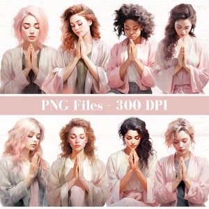May include: A digital illustration of six women with long hair, wearing long-sleeved robes, praying with their hands clasped together. The women are depicted in a soft, pastel color palette with a white background.