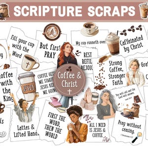 May include: A collage of coffee-themed illustrations with religious text. The images include coffee cups, women, and phrases like "Coffee & Christ," "Fueled by Faith," and "Caffeinated by Christ."
