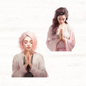 May include: Two women with long hair are shown in a prayer pose. The woman on the left has pink hair and is wearing a white shirt. The woman on the right has brown hair and is wearing a pink robe.