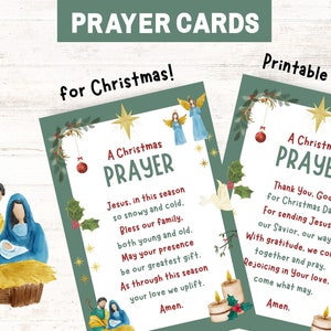 May include: Two Christmas prayer cards with text, angels, and festive decorations. One card features a nativity scene illustration. The cards are labeled "Printable & Digital" and "for Christmas!"
