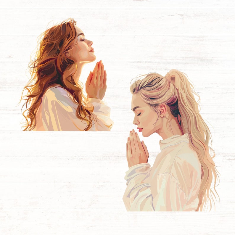 May include: Two women with long hair are shown with their hands clasped in prayer. The woman on the left has auburn hair and is wearing a white shirt. The woman on the right has blonde hair and is wearing a white shirt. Both women have their eyes closed.