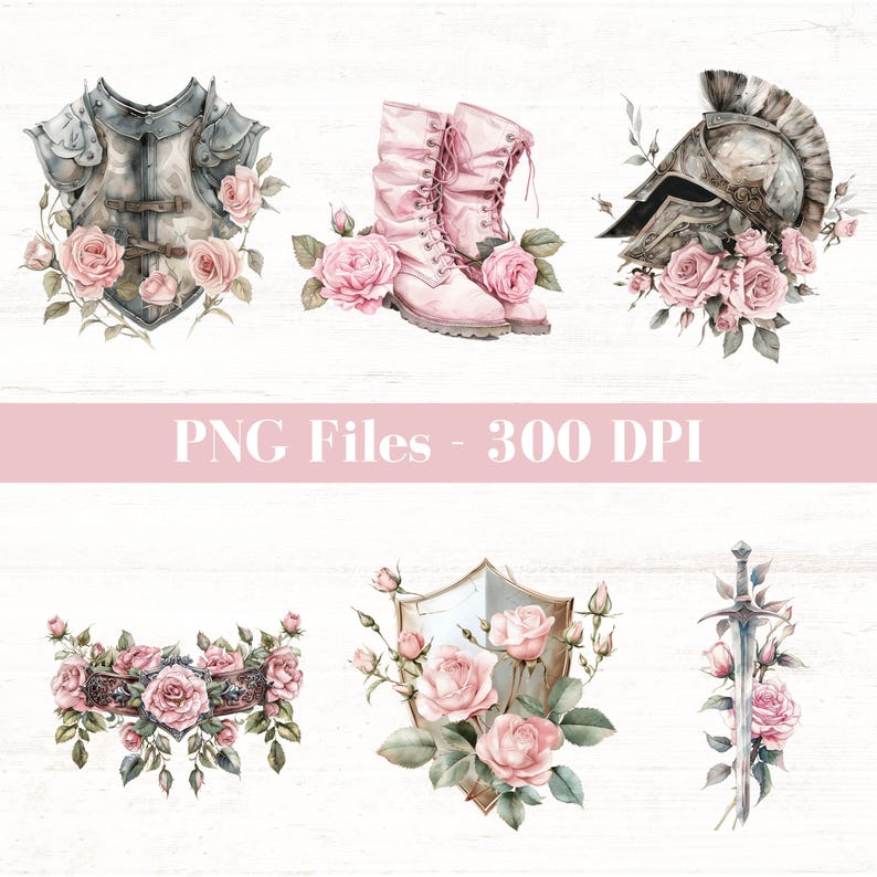 Pode incluir: Ilustra&ccedil;&otilde;es em aquarela de armaduras medievais, botas cor-de-rosa, um capacete, uma faixa decorativa, um escudo e uma espada, todos adornados com rosas cor-de-rosa e vegeta&ccedil;&atilde;o. O texto "PNG Files - 300 DPI" &eacute; exibido em uma faixa cor-de-rosa.