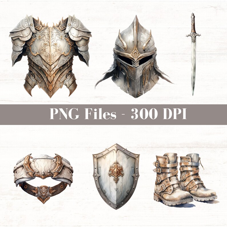 May include: A set of six fantasy-themed armor pieces, including a helmet, chest plate, shield, gauntlets, boots, and a sword. The armor is silver and gold with intricate details. The sword is silver with a gold hilt.