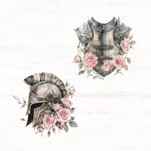 Pode incluir: Ilustra&ccedil;&atilde;o em aquarela de um capacete e armadura de cavaleiro, adornados com rosas cor-de-rosa e folhas verdes. O capacete apresenta uma crista de penas, e a armadura tem detalhes intrincados. O fundo &eacute; um padr&atilde;o de gr&atilde;o de madeira branca.