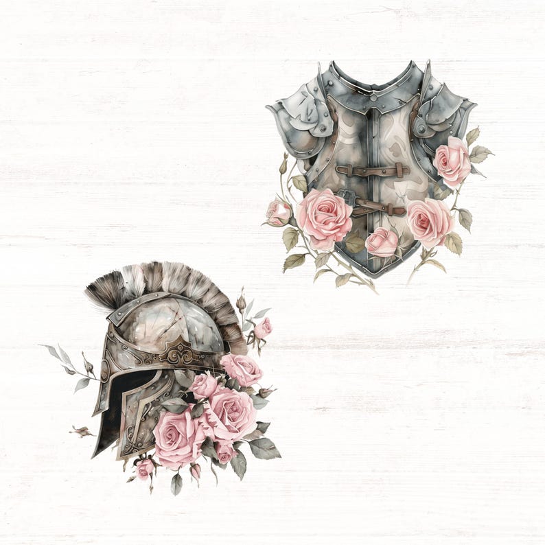 Pode incluir: Ilustra&ccedil;&atilde;o em aquarela de um capacete e armadura de cavaleiro, adornados com rosas cor-de-rosa e folhas verdes. O capacete apresenta uma crista de penas, e a armadura tem detalhes intrincados. O fundo &eacute; um padr&atilde;o de gr&atilde;o de madeira branca.
