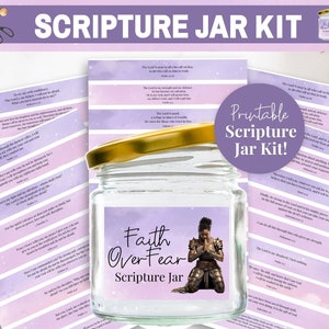 May include: Printable scripture jar kit with a purple and pink watercolour background. The jar has a label that says "Faith Over Fear Scripture Jar" and features a woman in armour kneeling in prayer. The kit includes multiple cards with bible verses printed on them.