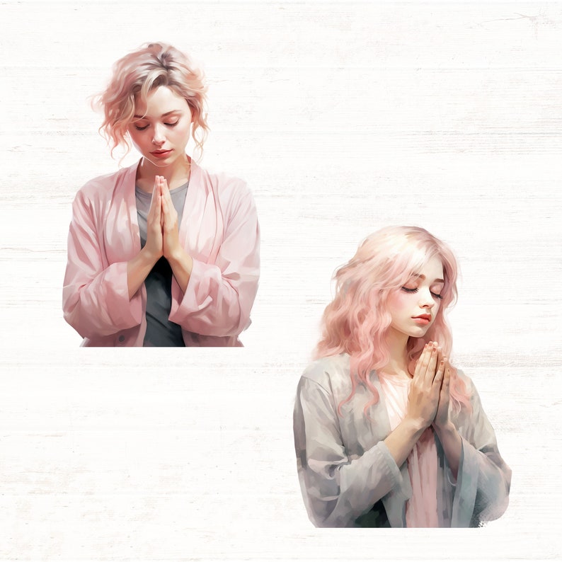 May include: Two women with long pink hair are wearing pink robes and have their hands clasped in prayer. The women are standing against a white wood background.