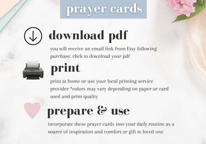 K&ouml;nnte beinhalten: Ein druckbarer PDF-Download von Gebetskarten. Das Bild zeigt ein rosa Herz, ein Druckersymbol und einen Abw&auml;rtspfeil mit dem Text "PDF herunterladen" und "Drucken".
