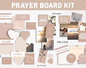 May include: A prayer board kit with a variety of cards and stickers featuring inspirational quotes and religious imagery. The cards are in shades of pink and beige with gold accents. The kit includes cards with phrases like "pray for", "pray big", "jesus is king", "love never fails", and "let your light shine".