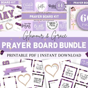 May include: Purple and gold printable prayer board bundle with 44 pages and 60+ pages. The bundle includes a prayer board kit, a prayer board sheet, and a variety of prayer prompts. The text "Glamour & Grace" is featured on the image.