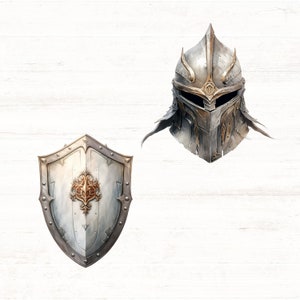 May include: A silver and gold knight's helmet with a decorative design and a silver shield with a gold crest.