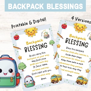 Backpack Blessings, Back To School Backpack Prayer, Prayer Tag, Sunday School Backpack Tag, Lunchbox Notes, Kids Prayer Printable