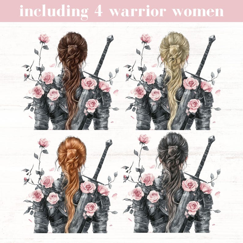 Pode incluir: Ilustra&ccedil;&atilde;o de quatro figuras de guerreiras, cada uma com um penteado e cor de cabelo diferentes, usando armadura e carregando uma espada. Rosas e vinhas cor-de-rosa adornam os ombros. O texto na parte superior diz "including 4 warrior women."