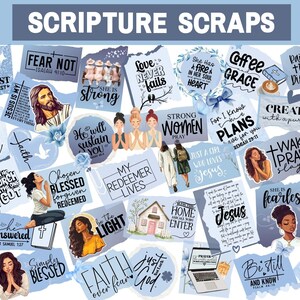 May include: A collection of blue and white digital stickers with inspirational quotes and illustrations. The stickers feature religious themes and include phrases like "Fear Not", "Love Never Fails", "Strong Women", "Chosen Blessed Forgiven Redeemed", "My Redeemer Lives", "Be Still and Know", "God is Good", "She is Fearless", "Just a Girl Who Loves Jesus", "Created with a Purpose", "Wake Pray Slay", "Coffee Grace", "Faith Over Fear", "In the Light", "Simply Blessed", "Praying Mama", "Child of God", "I Do My Best", "She Answered", "Home and All Who Enter", "Jesus", "Raising Tiny Disciples".