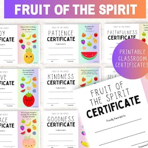 Certificados imprimibles del Fruto del Espíritu, Premio imprimible del Fruto del Espíritu, Aula cristiana, Certificado de estudio bíblico para niños