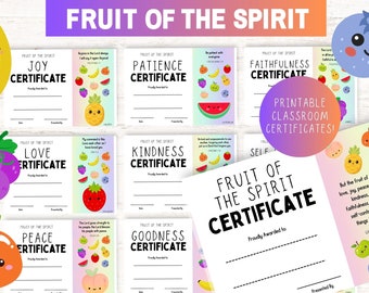 Printable Fruit of the Spirit Certificates, Printable Fruit of the Spirit Award, Christian Classroom, Kids Bible Study Certificate