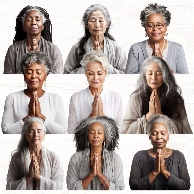 Puede incluir: Nueve mujeres con cabello gris est&aacute;n meditando con los ojos cerrados y las manos juntas en oraci&oacute;n. Llevan ropa variada, incluyendo su&eacute;teres, camisas y bufandas.
