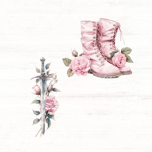 Pode incluir: Ilustra&ccedil;&atilde;o em aquarela com um par de botas de combate rosa e uma espada, ambas adornadas com rosas rosa e folhas verdes. As botas s&atilde;o amarradas com cadar&ccedil;os e t&ecirc;m uma apar&ecirc;ncia desgastada. A espada &eacute; prateada com uma guarda detalhada.