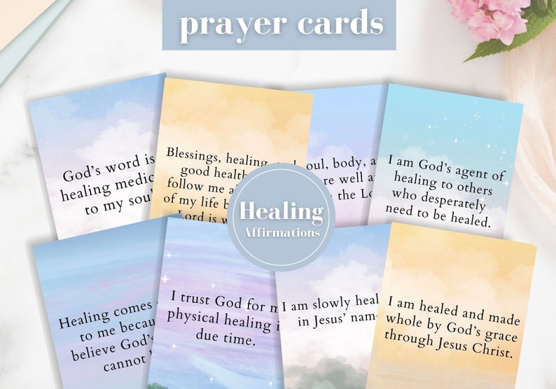 May include: A set of 10 prayer cards with watercolor backgrounds and inspirational quotes about healing. The cards feature a light blue, yellow, and pink color scheme. The text on the cards includes phrases like "God's word is healing medicine to my soul" and "I am healed and made whole by God's grace through Jesus Christ."