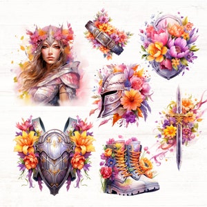 May include: Watercolor illustration of a warrior woman with a floral crown, a knight's helmet with flowers, a shield with flowers, a sword with flowers, a breastplate with flowers, and a pair of boots with flowers.
