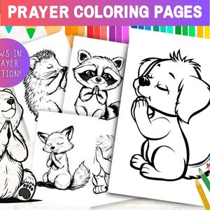 Attività di colorazione della preghiera per bambini, pagine da colorare della Bibbia stampabile, scuola materna cristiana, pagina da colorare di animali in preghiera per bambini
