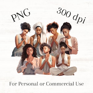 Pode incluir: Ilustra&ccedil;&atilde;o digital de sete mulheres com tons de pele escuros, vestidas com roupas brancas e rosa claro, rezando com as m&atilde;os juntas. A imagem est&aacute; em formato PNG e 300 dpi. Para uso pessoal ou comercial.