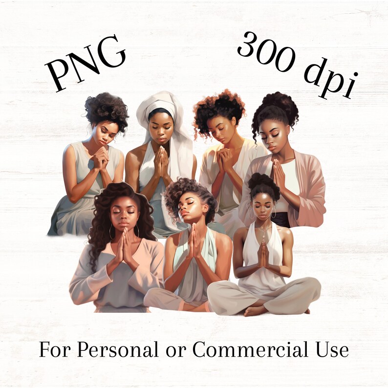 Pode incluir: Ilustra&ccedil;&atilde;o digital de sete mulheres com tons de pele escuros, vestidas com roupas brancas e rosa claro, rezando com as m&atilde;os juntas. A imagem est&aacute; em formato PNG e 300 dpi. Para uso pessoal ou comercial.