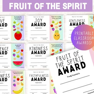 Fruit of the Spirit Awards, druckbares Fruit of the Spirit-Zertifikat, christliches Klassenzimmer, Kinderbibelstudienpreis, Homeschool Awards
