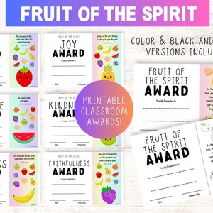 Fruit of the Spirit Awards, afdrukbaar Fruit of the Spirit-certificaat, christelijk klaslokaal, Kids Bible Study Award, Homeschool Awards