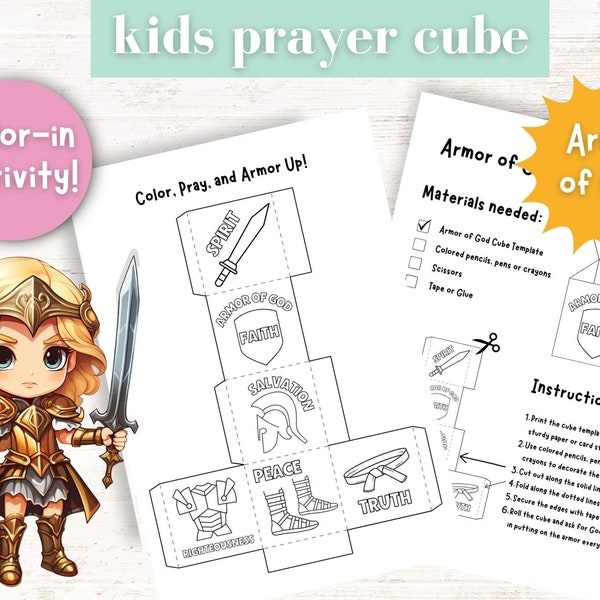 Armor of God Prayer Cube, Kids Prayer Cube, Christian Kids Coloring Activity, Sunday School Activity, Full Armor of God Kids Printable