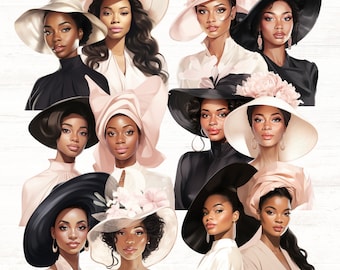 May include: A collection of ten women wearing various styles of hats. The hats are all different colors and designs, and some have floral embellishments. The women are all wearing different outfits, and some have jewelry.
