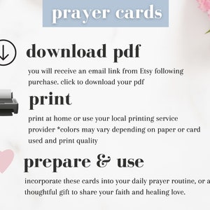 May include: A digital download of printable prayer cards. The image shows instructions for downloading, printing, and using the cards. The text reads "prayer cards", "download pdf", "print", and "prepare & use".