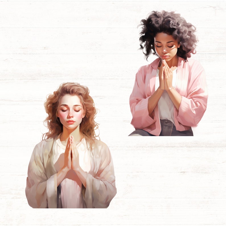 May include: Two women with long hair are shown praying with their hands clasped together. The woman on the left is wearing a light beige robe and has her eyes closed. The woman on the right is wearing a pink jacket and has her eyes open. Both women have a serene expression on their faces.